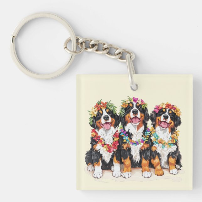 Hawaiian Bernese Mountain Dogs Flower Lei Key Ring (Front)