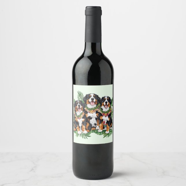 Hawaiian Bernese Mountain Dogs Flower Lei Wine Label (Front)