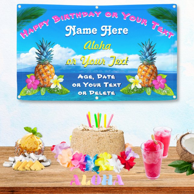 Hawaiian Birthday Banner with Real Hawaiian Images (Tropical Birthday Theme. Fun, 50th Luau birthday party ideas, or, Hawaiian Sweet 16 party ideas.)