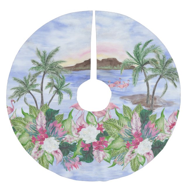 Hawaiian Bliss: Tropical Watercolor Pattern Brushed Polyester Tree Skirt (Front)