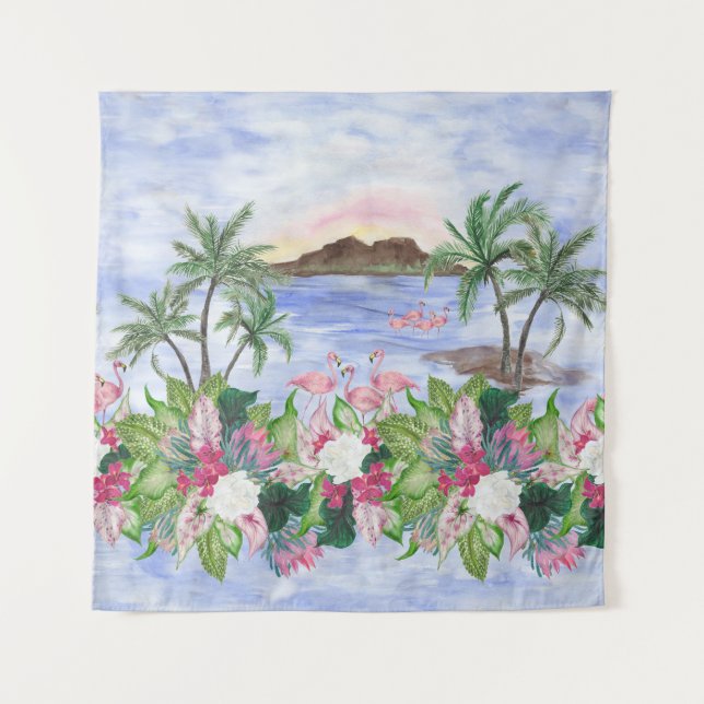 Hawaiian Bliss: Tropical Watercolor Pattern Tapestry (Front)