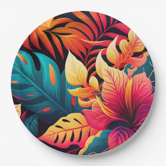 Hawaiian blossom bright floral tropical pattern paper plate (Front)