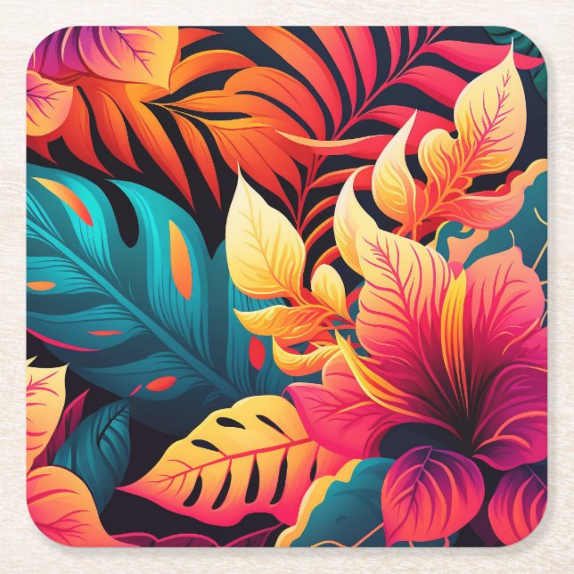Hawaiian blossom bright floral tropical pattern square paper coaster (Front)