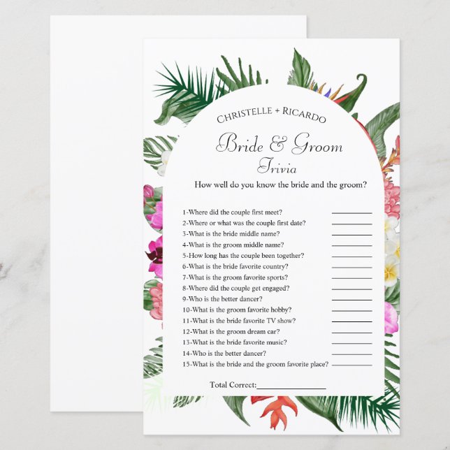 Hawaiian bride & groom trivia bridal shower game (Front/Back)
