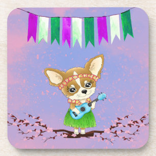 Hawaiian Chihuahua Playing a Ukulele Coaster