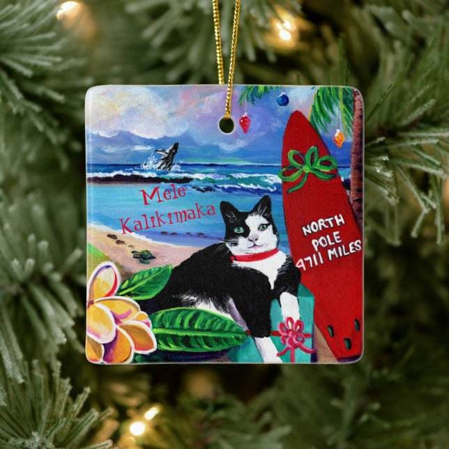 Hawaiian Christmas Cat at Poipu Ceramic Ornament (Tree)