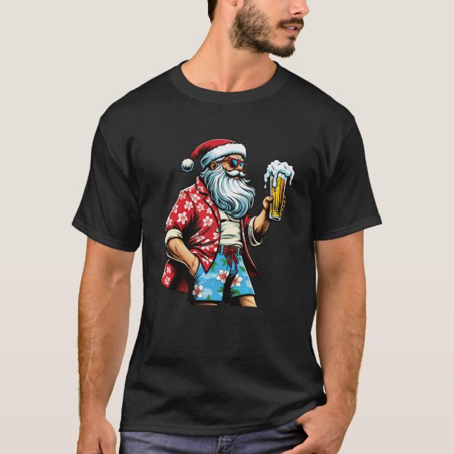 Hawaiian Christmas for Men Santa Beach Beer Lover  T-Shirt (Front)
