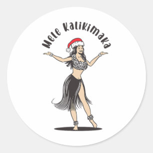 Hawaiian Christmas Hula Skirt Girl Santa Hat Mele  Classic Round Sticker