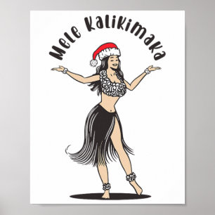 Hawaiian Christmas Hula Skirt Girl Santa Hat Mele  Poster