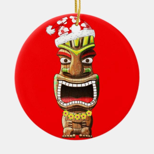 Hawaiian Christmas Santa Tiki Ceramic Tree Decoration (Front)