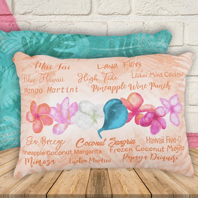 Hawaiian Cocktails Tropical Plumeria Flowers Accen Decorative Cushion (Coral Orange, Pink, Turquoise Throw Pillow, Tropical Hawaiian Flowers Popular Cocktail Names)