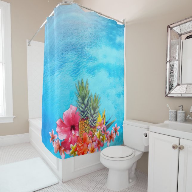 Hawaiian Collection Pineapples Plumeria Blue Ocean Shower Curtain (In Situ)