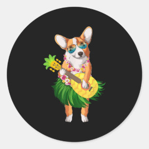 Hawaiian Corgi Dog &amp; Pineapple Ukulele Summer  Classic Round Sticker