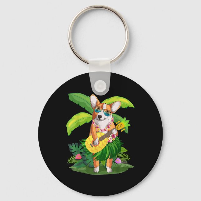 Hawaiian Corgi Dog &amp; Pineapple Ukulele Summer  Key Ring (Front)