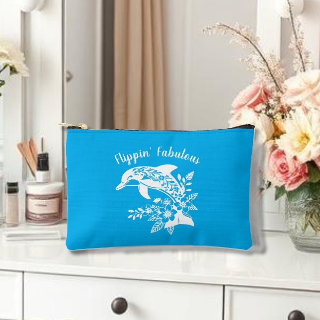 Hawaiian Dolphin Flippin' Fabulous Blue Accessory Pouch (Hawaiian Dolphin, Flippin Fabulous, Islander Summer, Beach, Travel, Fisherman Trend, Tropical floral)
