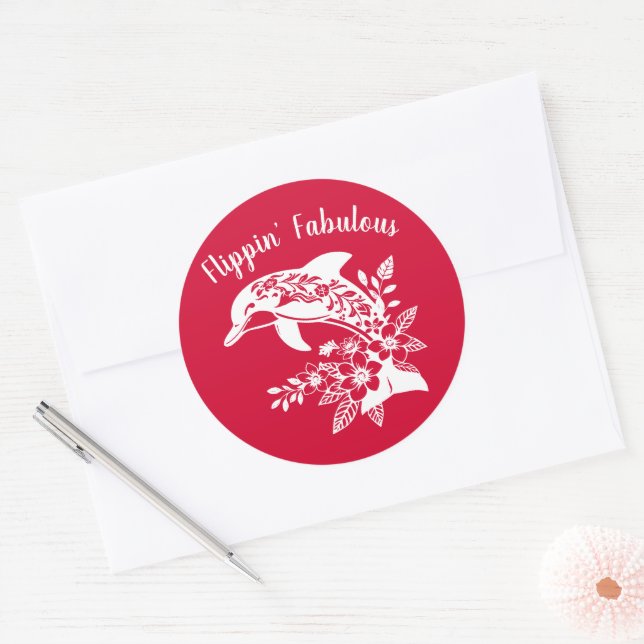 Hawaiian Dolphin Flippin Fabulous-Cherry Red Classic Round Sticker (Envelope)