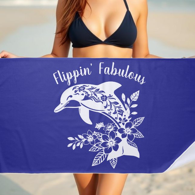 Hawaiian Dolphin Flippin Fabulous-Deep Blue Beach Towel (Hawaiian Dolphin Flippin Fabulous Tropical Flowers Fisherman Aesthetics Fish Beach Towel Dark Blue)