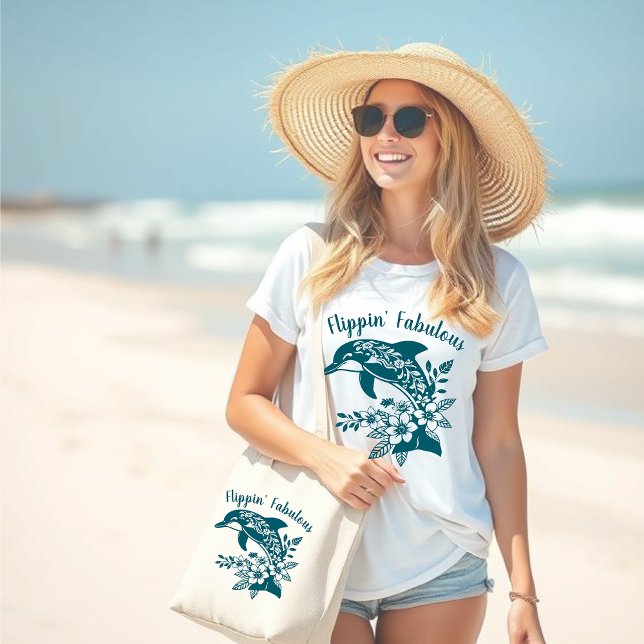 Hawaiian Dolphin-Flippin' Fabulous-Fisherman Core- Large Tote Bag (Flippin Fabulous-Hawaiian Dolphin-Tropical Flowers-Fisherman Core-Beach bag-Large Beach Bag-Teal)