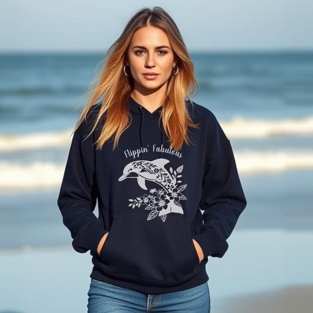 Hawaiian Dolphin Flippin’ Fabulous  Hoodie (Hawaiian Dolphin Tropical Flowers, Fisherman Trending Fashion, Islander, Summer, Beach, Women Hoodie)