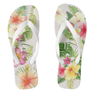 Hawaiian Elegant Tropical Floral Watercolor Flip Flops