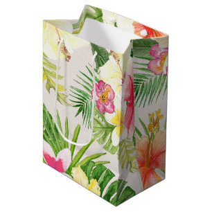 Hawaiian Elegant Tropical Floral Watercolor Medium Gift Bag