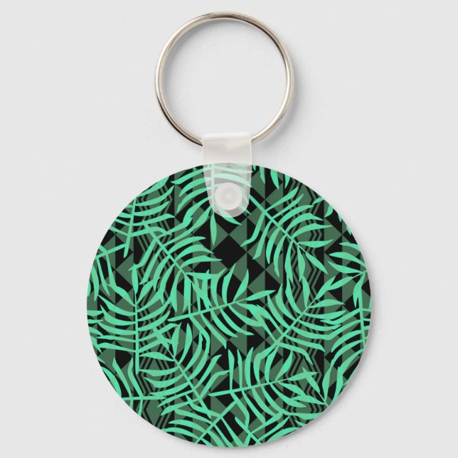 Hawaiian Exotic Tropical Palm Leaf Turquoise Black Key Ring (Front)