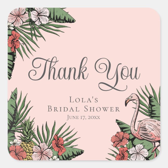 Hawaiian Flamingo & Hibiscus Thank You Square Sticker (Front)