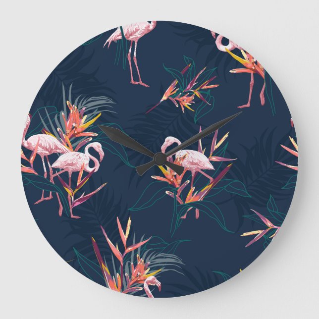Hawaiian Flamingo: Tropical Vintage Artwork Large Clock (Front)