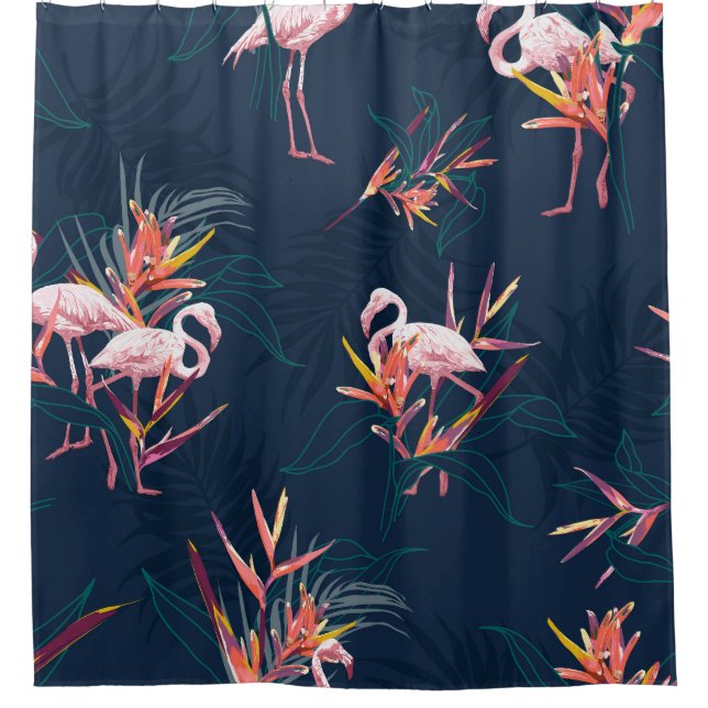 Hawaiian Flamingo: Tropical Vintage Artwork Shower Curtain (Front)