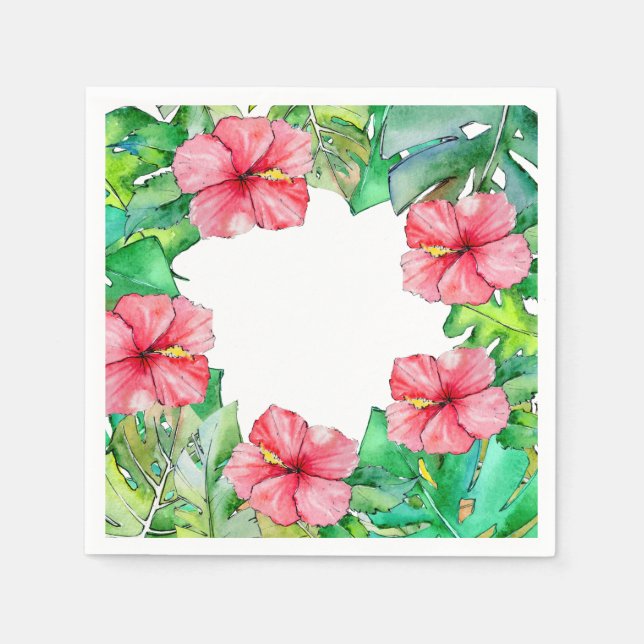 Hawaiian Floral Pink Hibiscus Tropical Leaves  Napkin (Front)