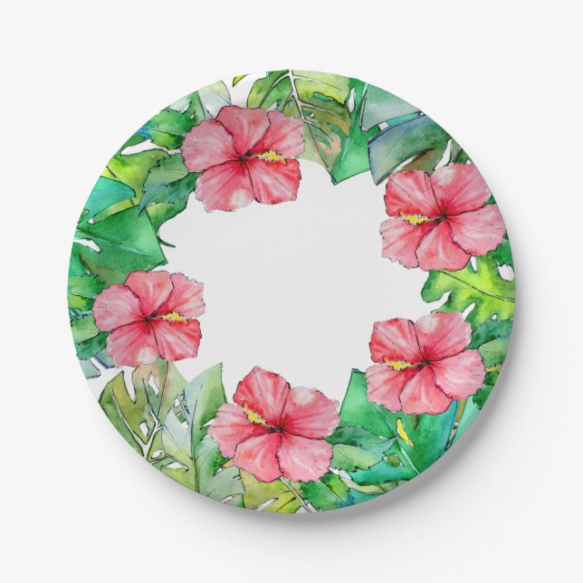 Hawaiian Floral Pink Hibiscus Tropical Leaves Paper Plate (Front)