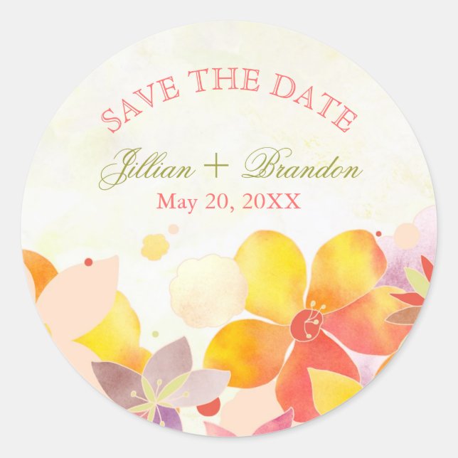 Hawaiian Floral Wedding Save the Date Classic Round Sticker (Front)