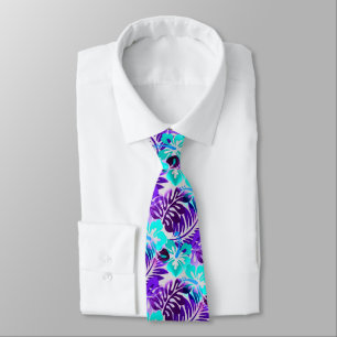 Hawaiian Flowered Pattern Blue Violet Tie