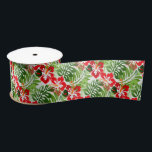 Hawaiian Flowered Pattern Tropical Beach Christmas Satin Ribbon<br><div class="desc">Hawaiian Flowered Pattern Tropical Beach Christmas gift wrapping ribbon. Red hibiscus flowers and green monstera leaf foliage pattern is perfect for an island inspired holiday or any time you need a burst of tropical colour for wrapping presents.</div>