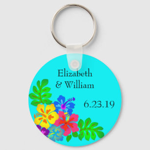 Hawaiian Flowers Aqua Wedding Favour Key Ring