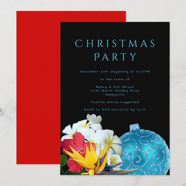 Hawaiian Flowers Beach Christmas Party Invitation (Front/Back)