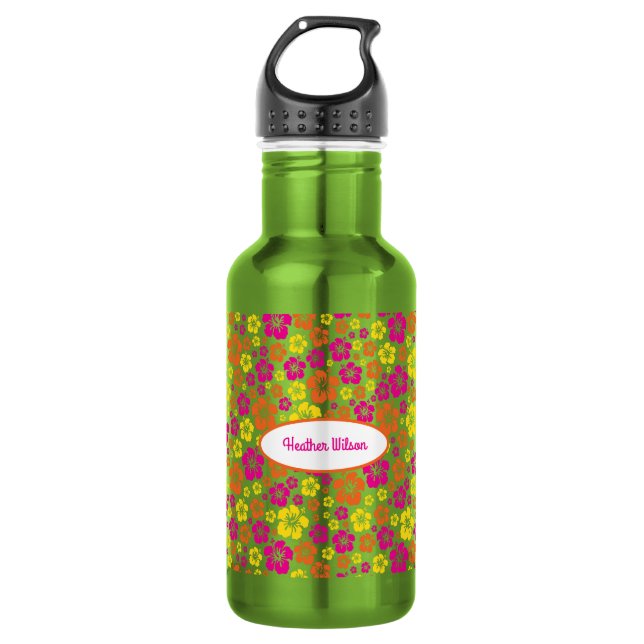 Hawaiian Flowers Cute Kids Water Bottle with Name (Front)