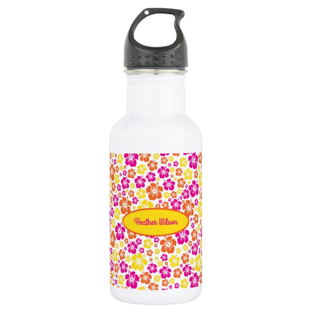 Hawaiian Flowers Cute Kids Water Bottle with Name (Front)