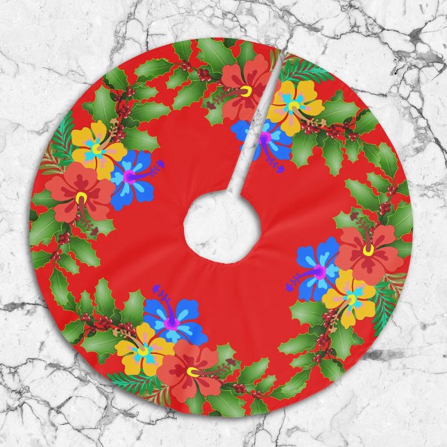 Hawaiian Flowers Hibiscus Red Brushed Polyester Tree Skirt (Creator Uploaded)
