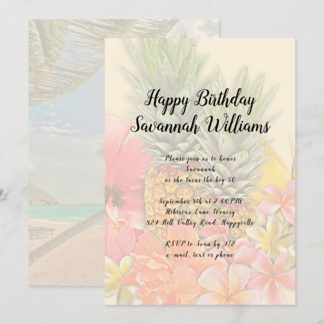 Hawaiian Flowers Pineapples Birthday Party Invite (Front/Back)
