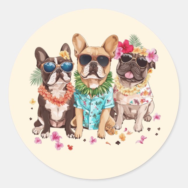 Hawaiian French Bulldogs Flower Lei Classic Round Sticker (Front)