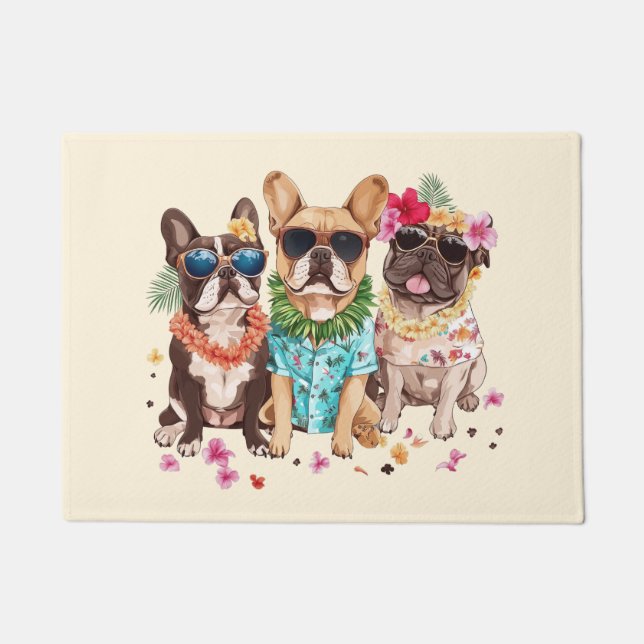 Hawaiian French Bulldogs Flower Lei Doormat (Front)