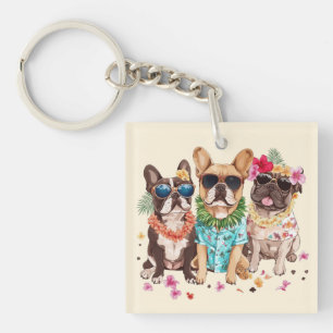 Hawaiian French Bulldogs Flower Lei Key Ring