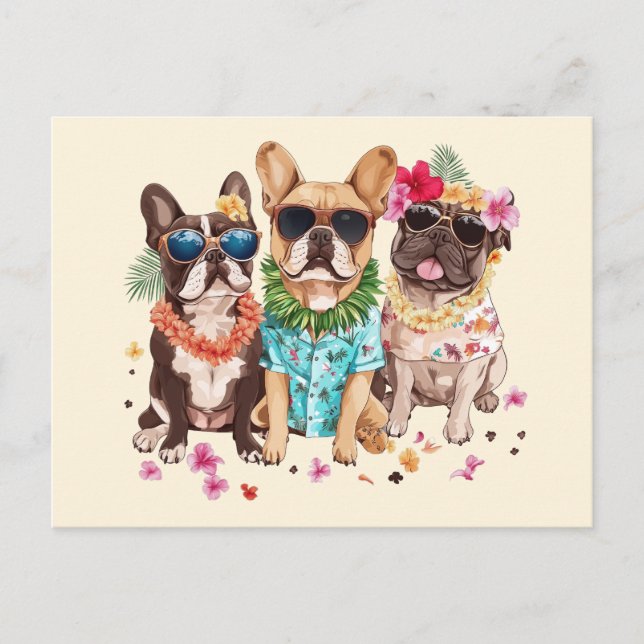Hawaiian French Bulldogs Flower Lei Postcard (Front)