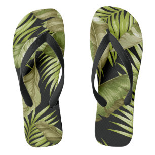 Hawaiian Garden Tropical Leaves   green black Flip Flops