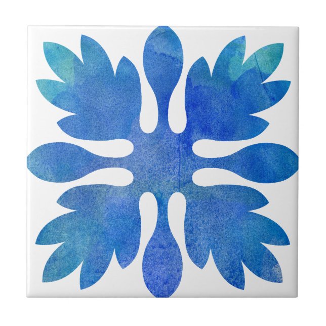 Hawaiian Ginger Quilt Ocean Blue Watercolor Tile (Front)