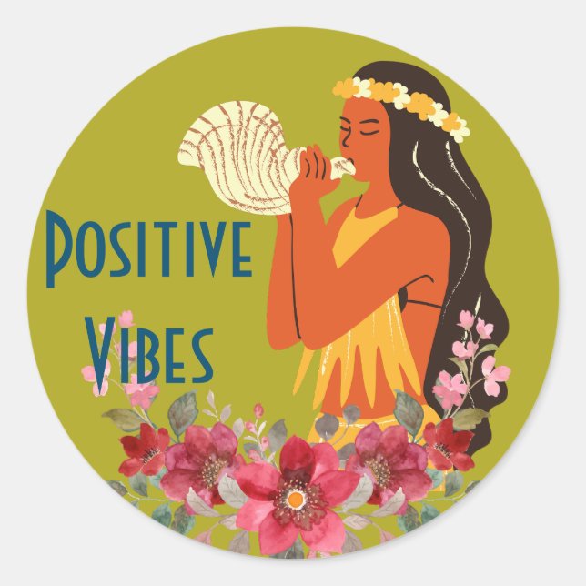 Hawaiian Girl blowing Conch Shell Personalised  Classic Round Sticker (Front)