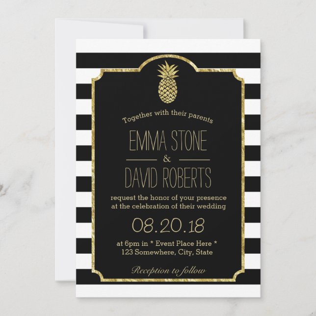 Hawaiian Gold Pineapple Modern Stripes Wedding Invitation (Front)
