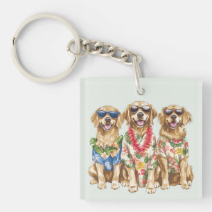 Hawaiian Golden Retriever Dogs Flower Lei Key Ring