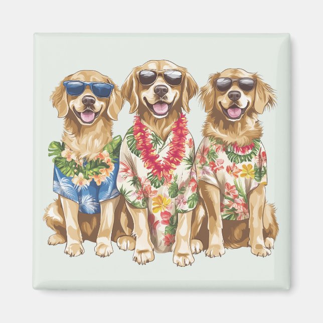 Hawaiian Golden Retriever Dogs Flower Lei Magnet (Front)